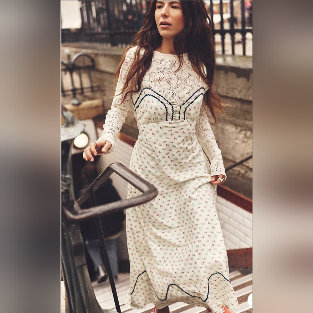 NWT FREE PEOPLE -Sz S- Sweet Hearts Midi Dress in Ivory Combo - Picture 2 of 16
